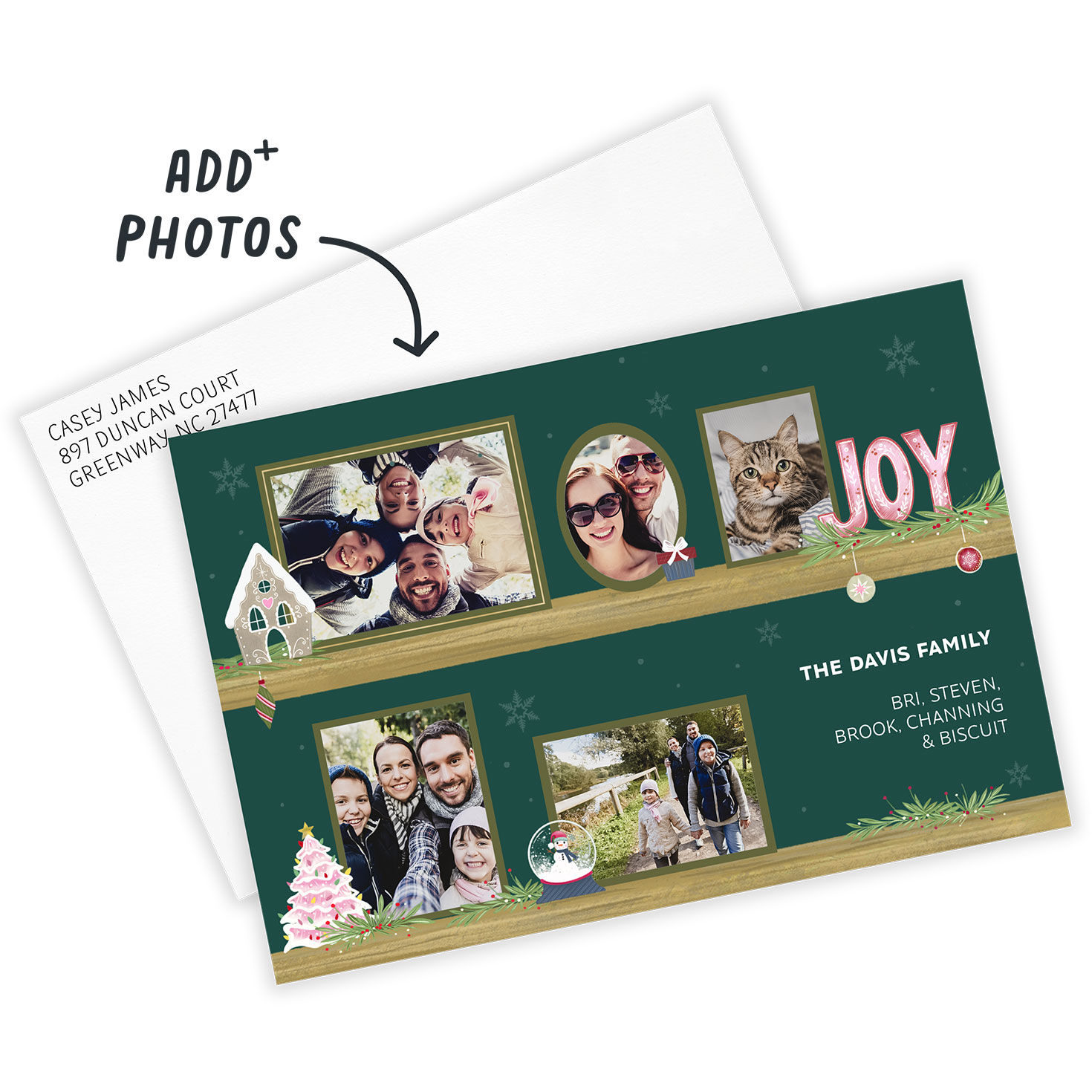 Framed Photos on Shelves Personalized Holiday Card Card Front indicating personalization image number 2