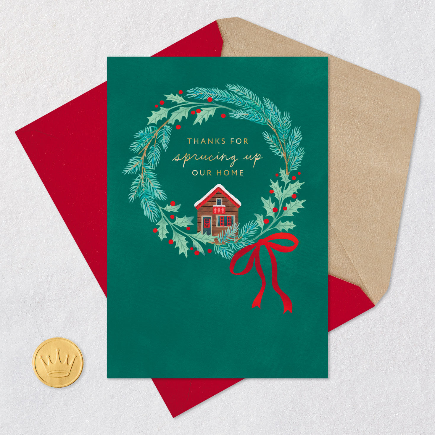 Wreath and Cottage Housekeeper Christmas Card Card Front with Envelope and Gold Seal image number 5