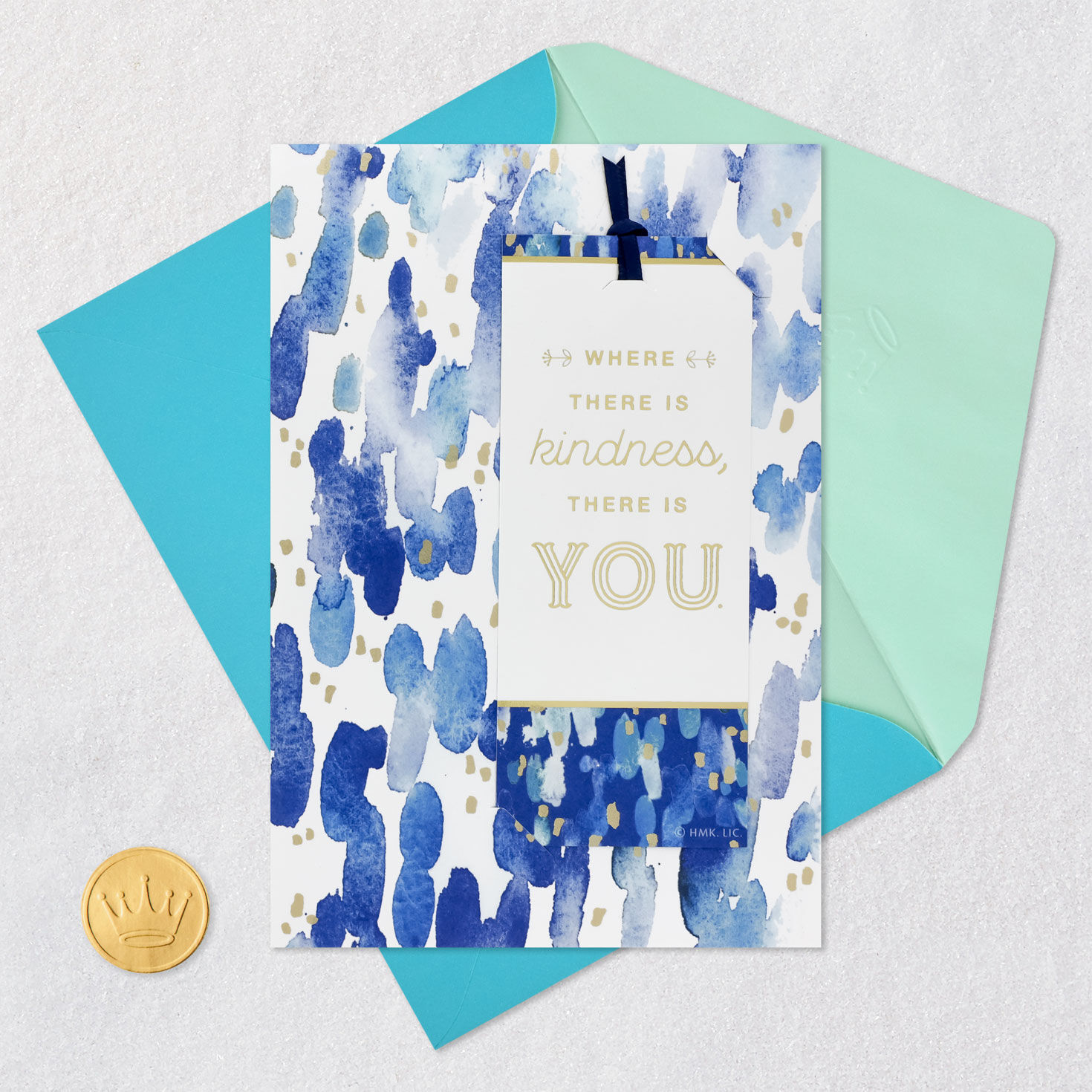 Blue Watercolor Thank You Card and Ribbon Bookmark Card Front with Envelope and Gold Seal image number 6