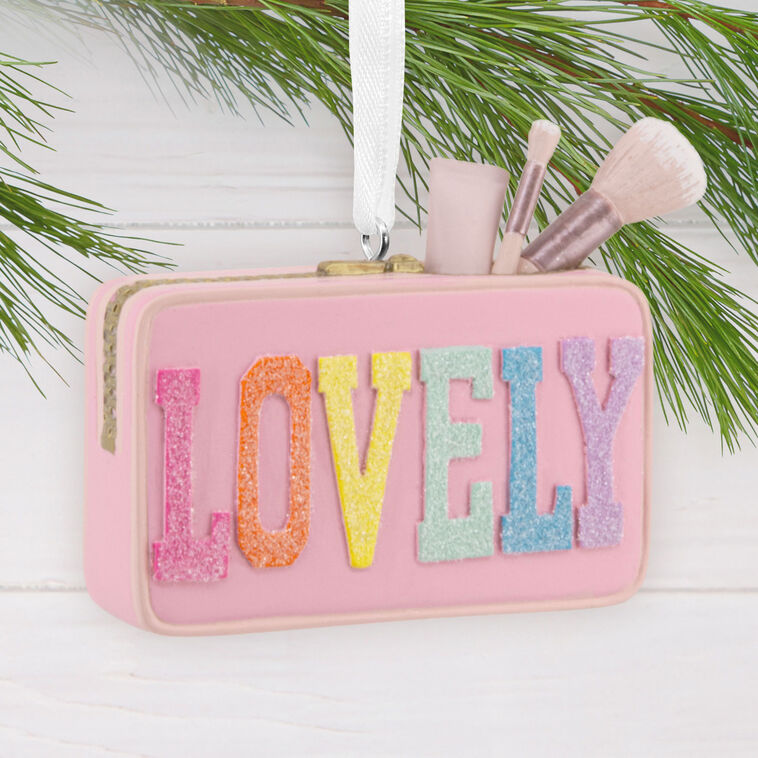 Pink Lovely Makeup Bag Ornament hanging on tree image number 2