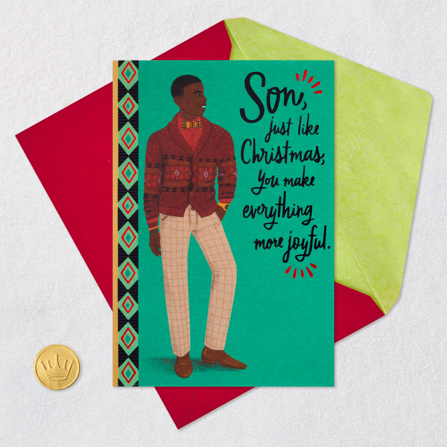 Black Man in Sweater Christmas Card for Son Card Front with Envelope and Gold Seal image number 5