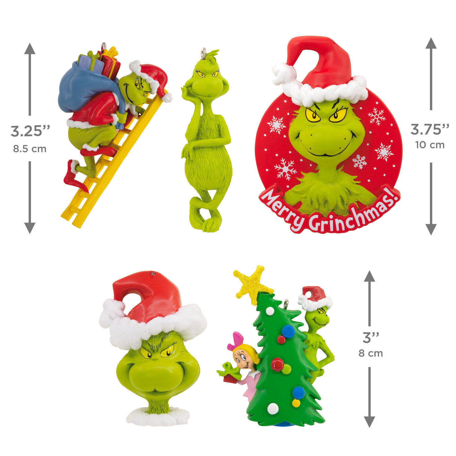 Set of 5 Grinch Christmas Ornaments measurement image number 3