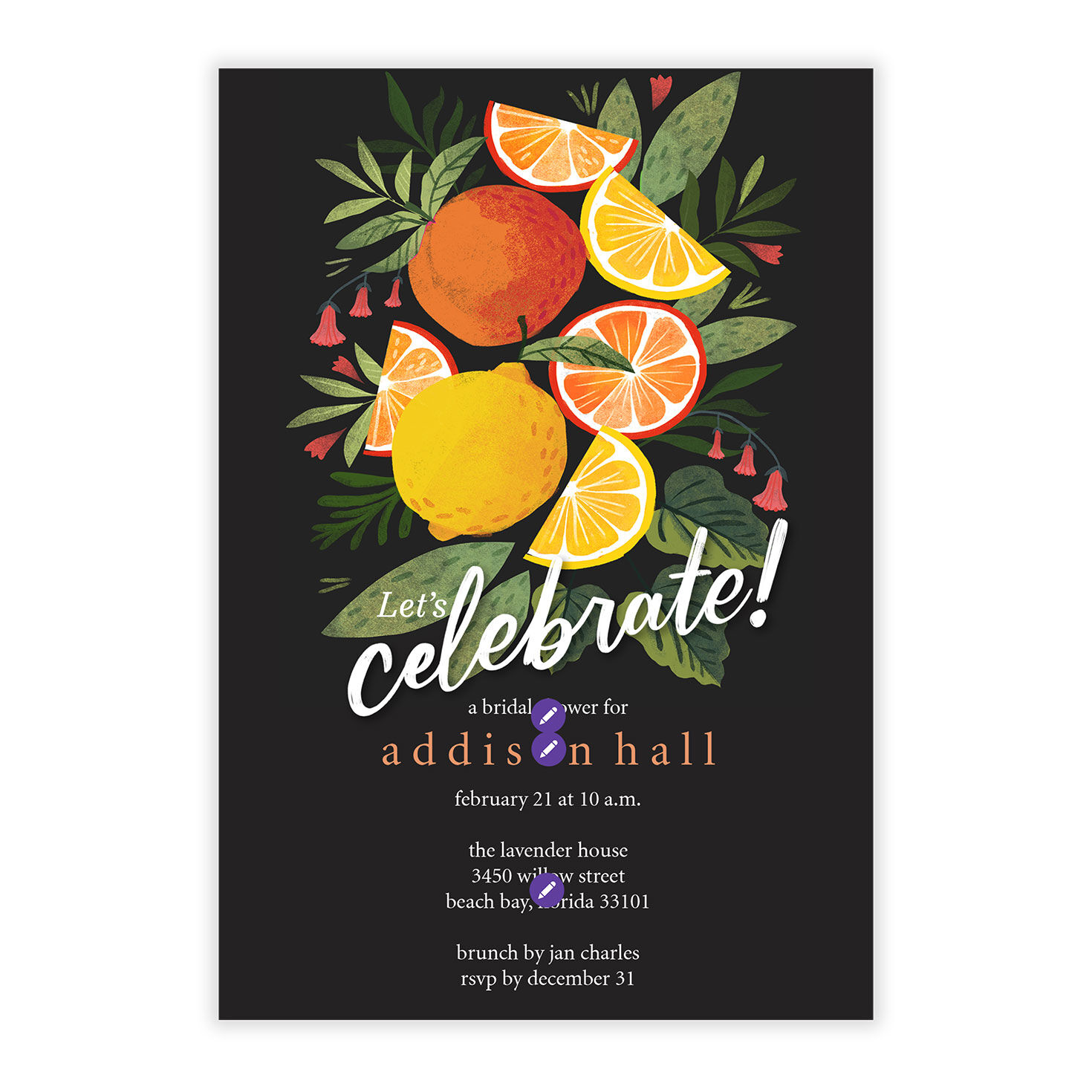 Citrus on Black Personalized Shower Invitation Card Front indicating personalization image number 5