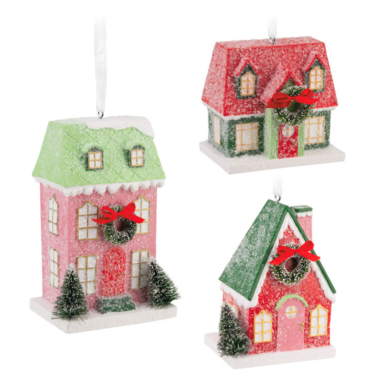Festive Houses Hallmark Ornaments, Set of 3