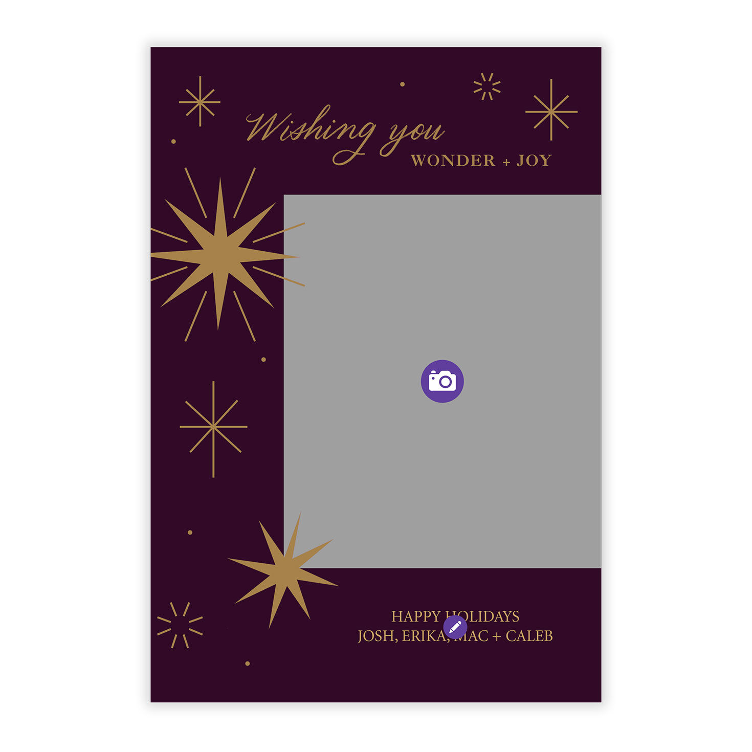 Gold Stars on Plum Personalized Holiday Photo Card Card Front indicating personalization image number 5