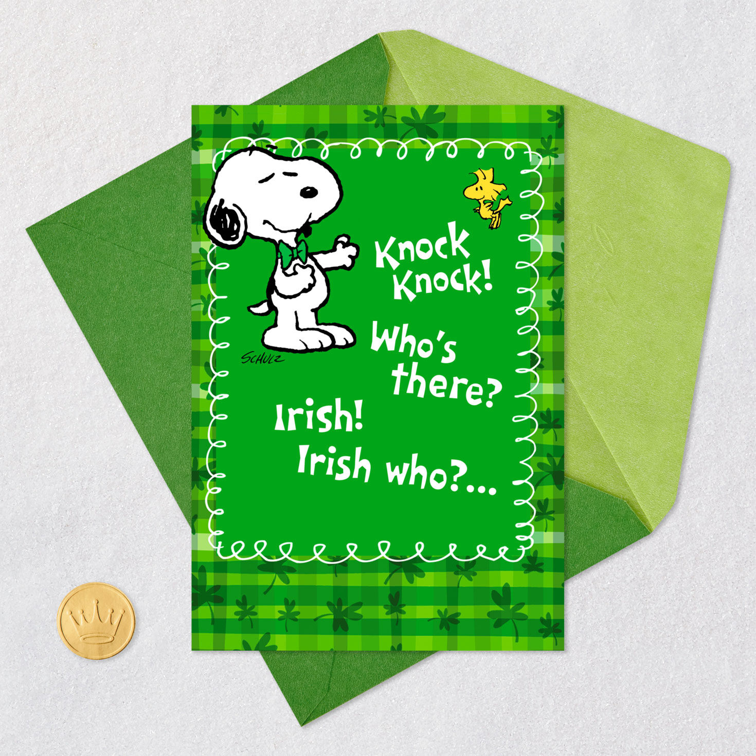 Snoopy and Woodstock Funny St. Patrick's Day Card Card Front with Envelope and Gold Seal image number 5