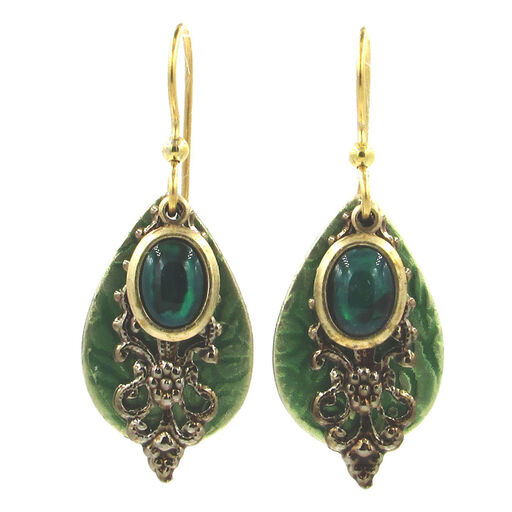 Green Stone and Filigree Layered Metal Drop Earrings, 