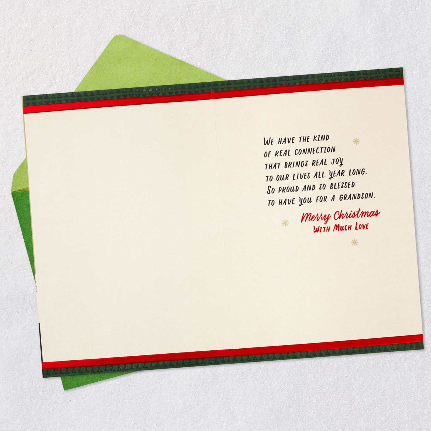 Patterned Tree and Fireplace Christmas Card for Grandson Open card with envelope image number 3