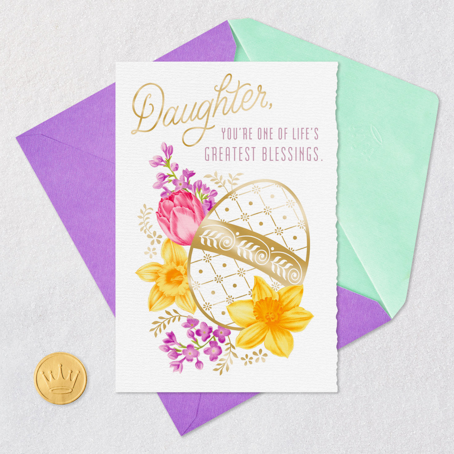 Gold Egg with Flowers Easter Card for Daughter Card Front with Envelope and Gold Seal image number 5