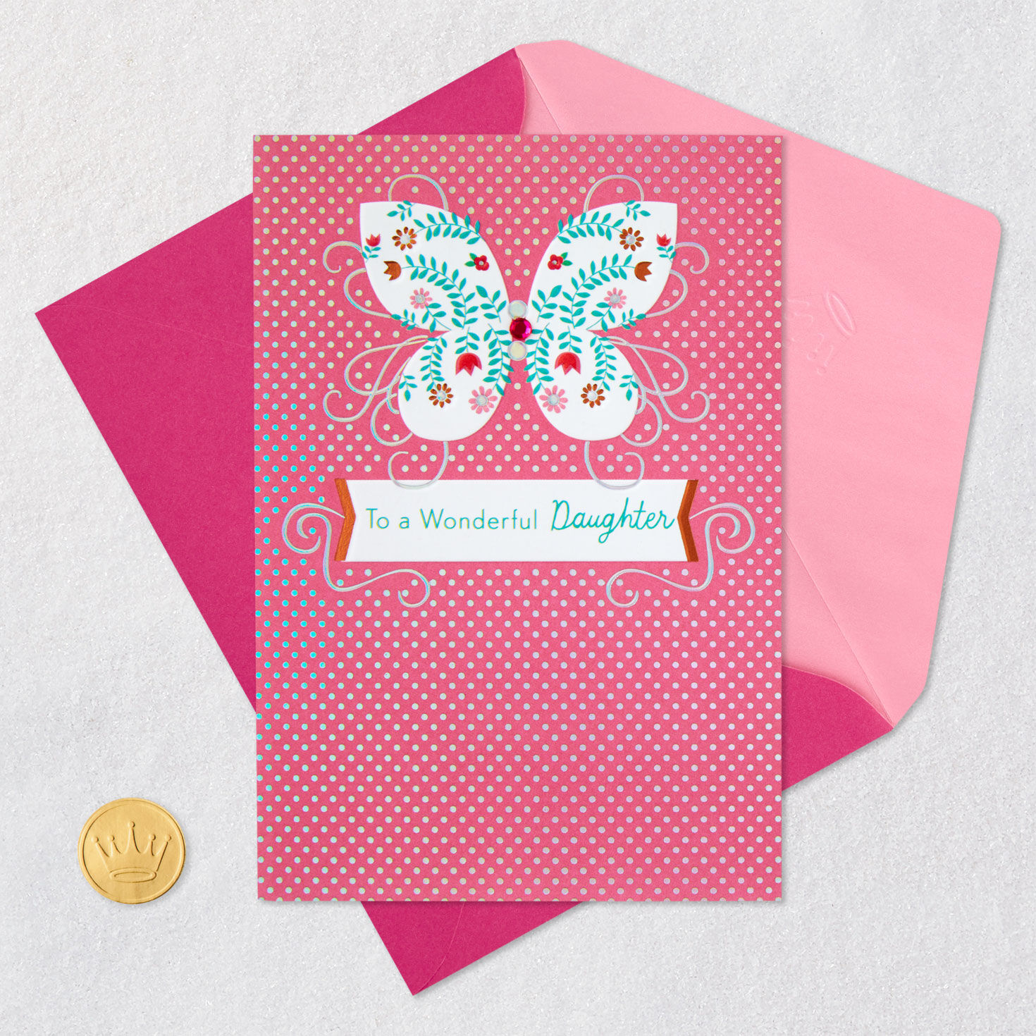 Butterfly on Pink Birthday Card for Daughter Card Front with Envelope and Gold Seal image number 6