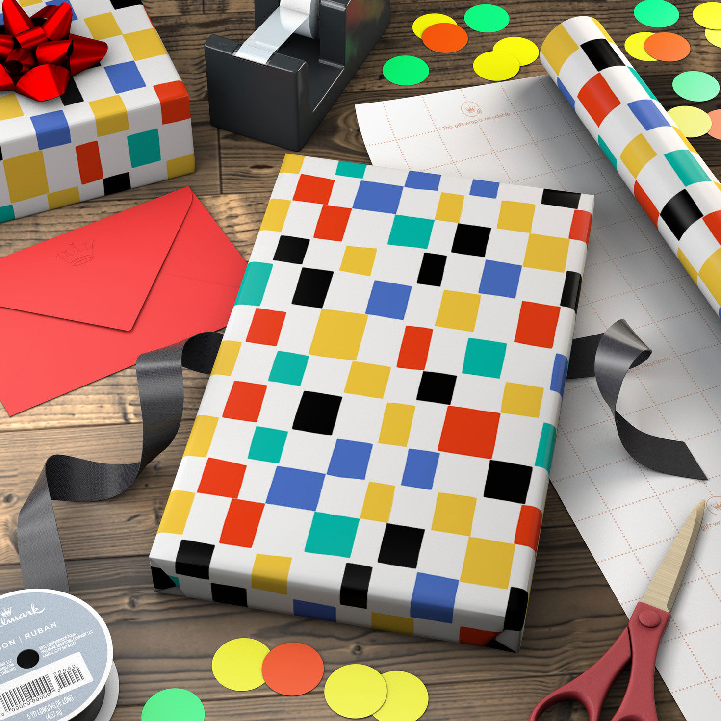 Colorful Checks on White Gift Wrap Roll Wrapped pkg image number 3