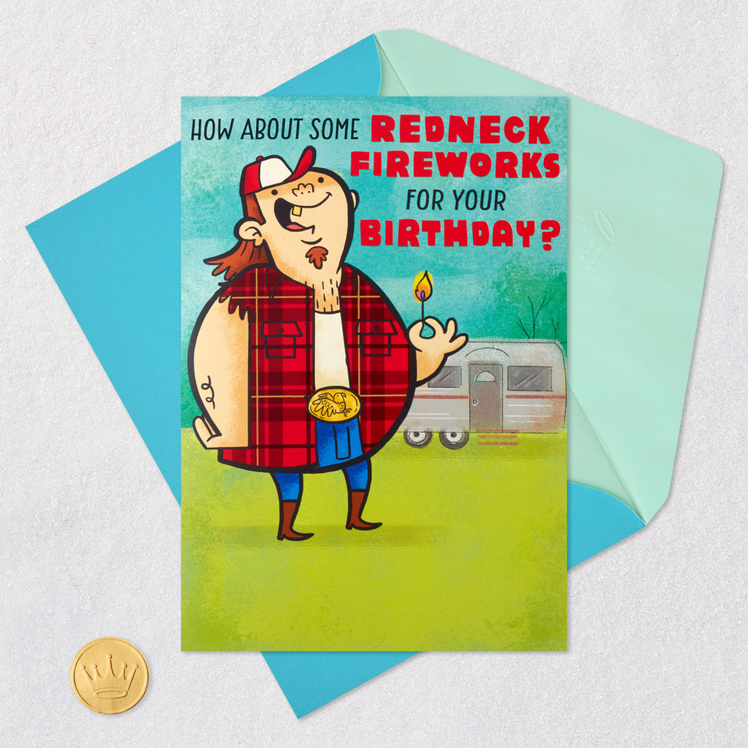 Redneck in Flannel Crass Funny Birthday Card Card Front with Envelope and Gold Seal image number 5