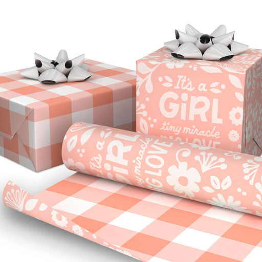 Baby Girl Lettering/Pink Gingham Reversible Wrapping Paper, 20 sq. ft., 
