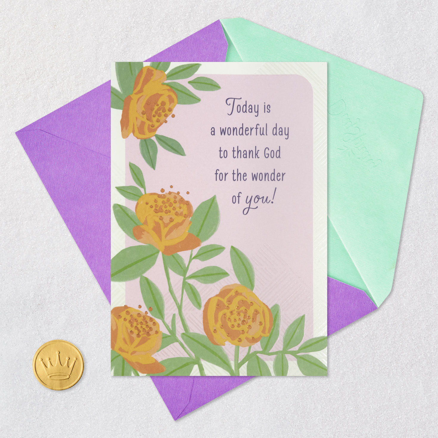 Orange Flowers on Pink Christian Birthday Card Card Front with Envelope and Gold Seal image number 6