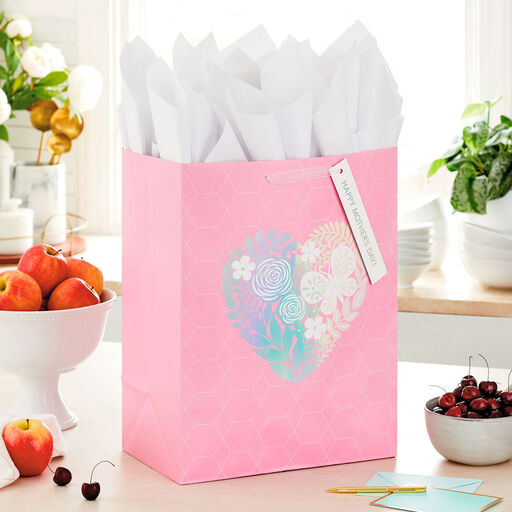17" Pink Floral Heart XL Mother's Day Gift Bag With Tissue, 