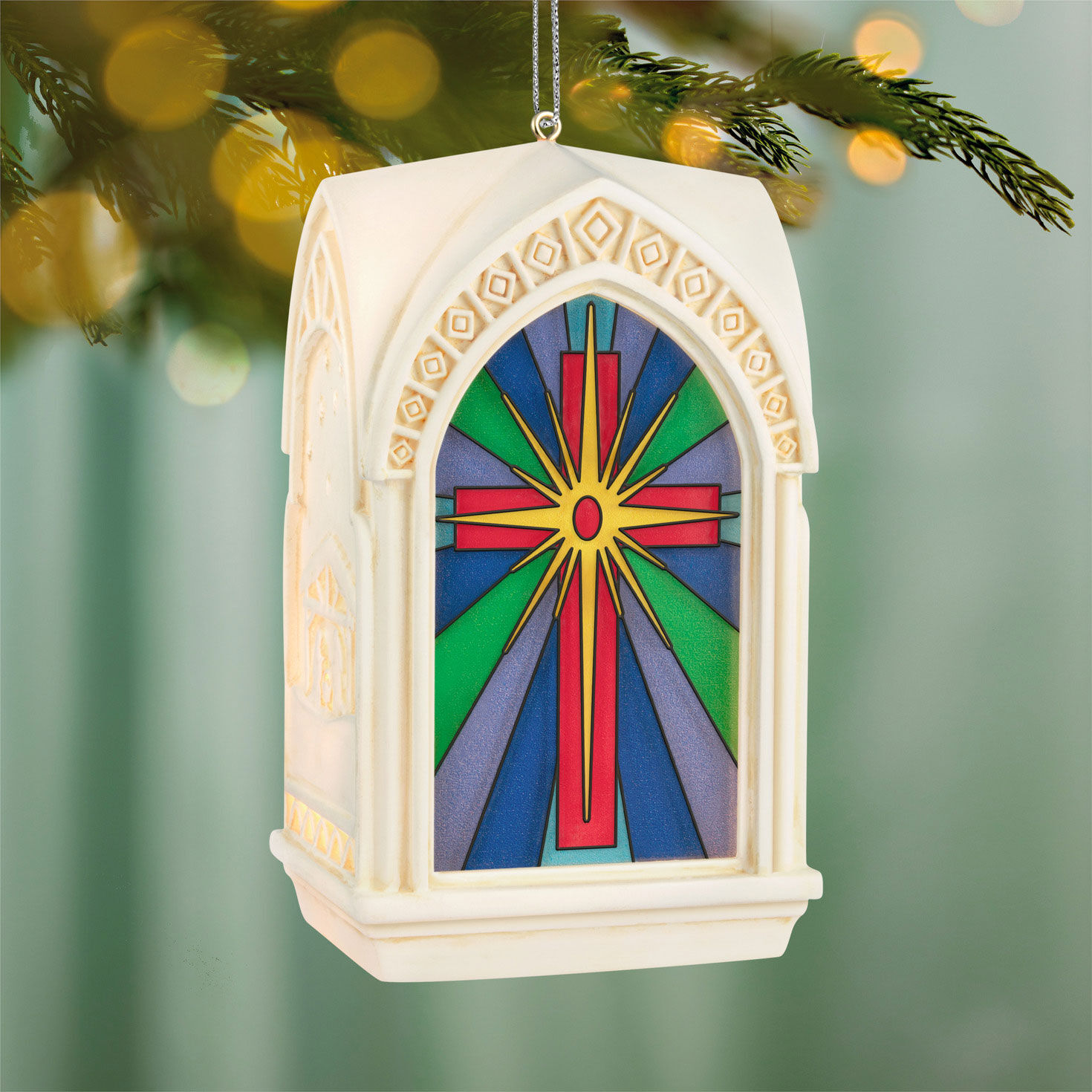 Church Stained Glass Window Keepsake Ornament hanging on tree image number 2