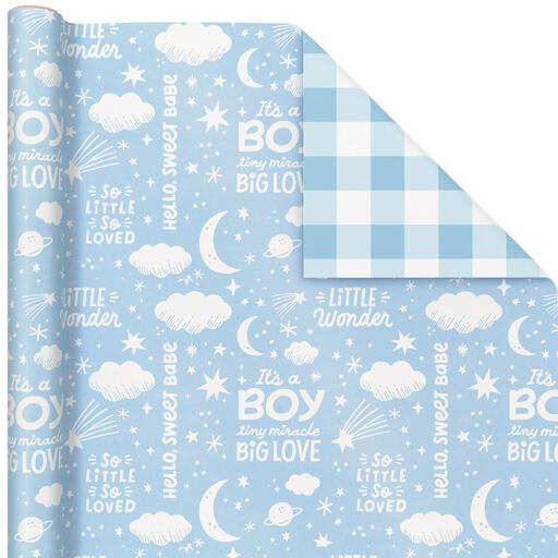 Baby Boy Lettering/Blue Gingham Reversible Wrapping Paper, 25 sq. ft., 
