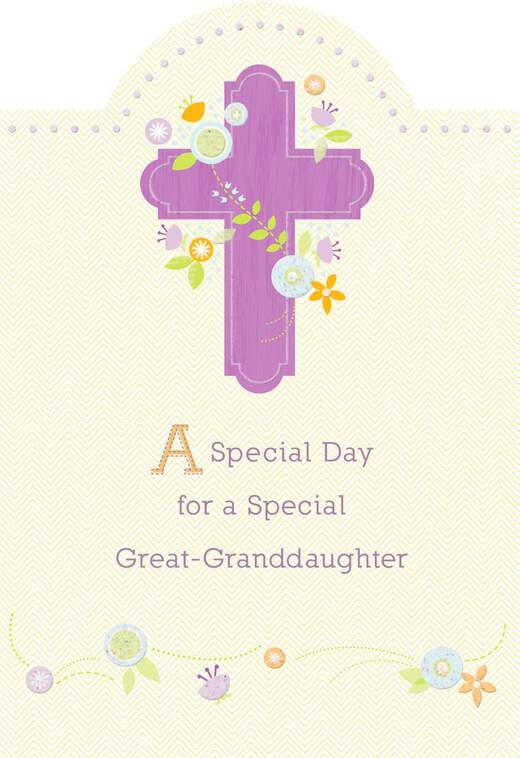 Purple Cross and Flowers First Communion Card for Great-Granddaughter, , large image number 1