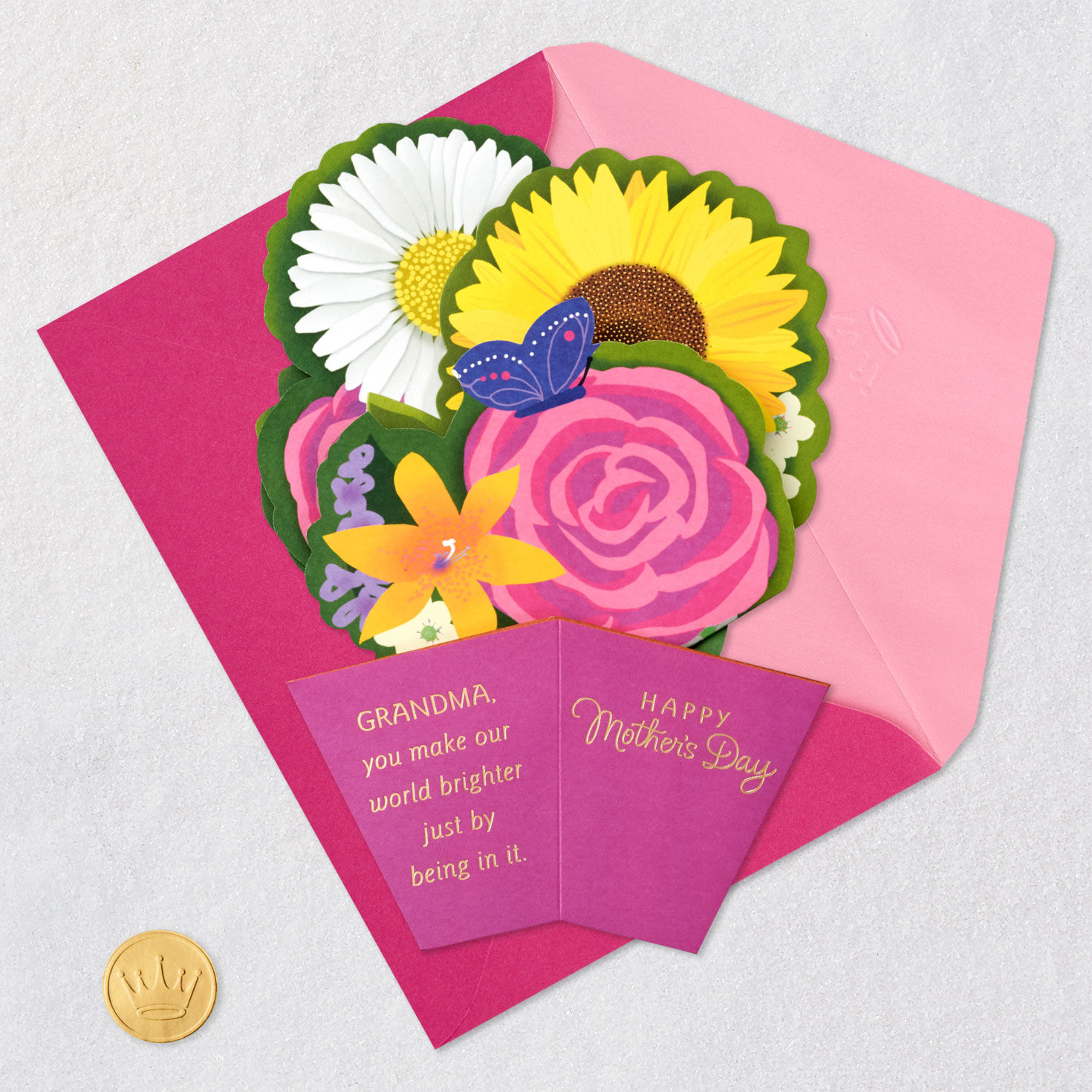 Colorful Flowers Pop-up Mother's Day Card for Grandma Card Front with Envelope and Gold Seal image number 5