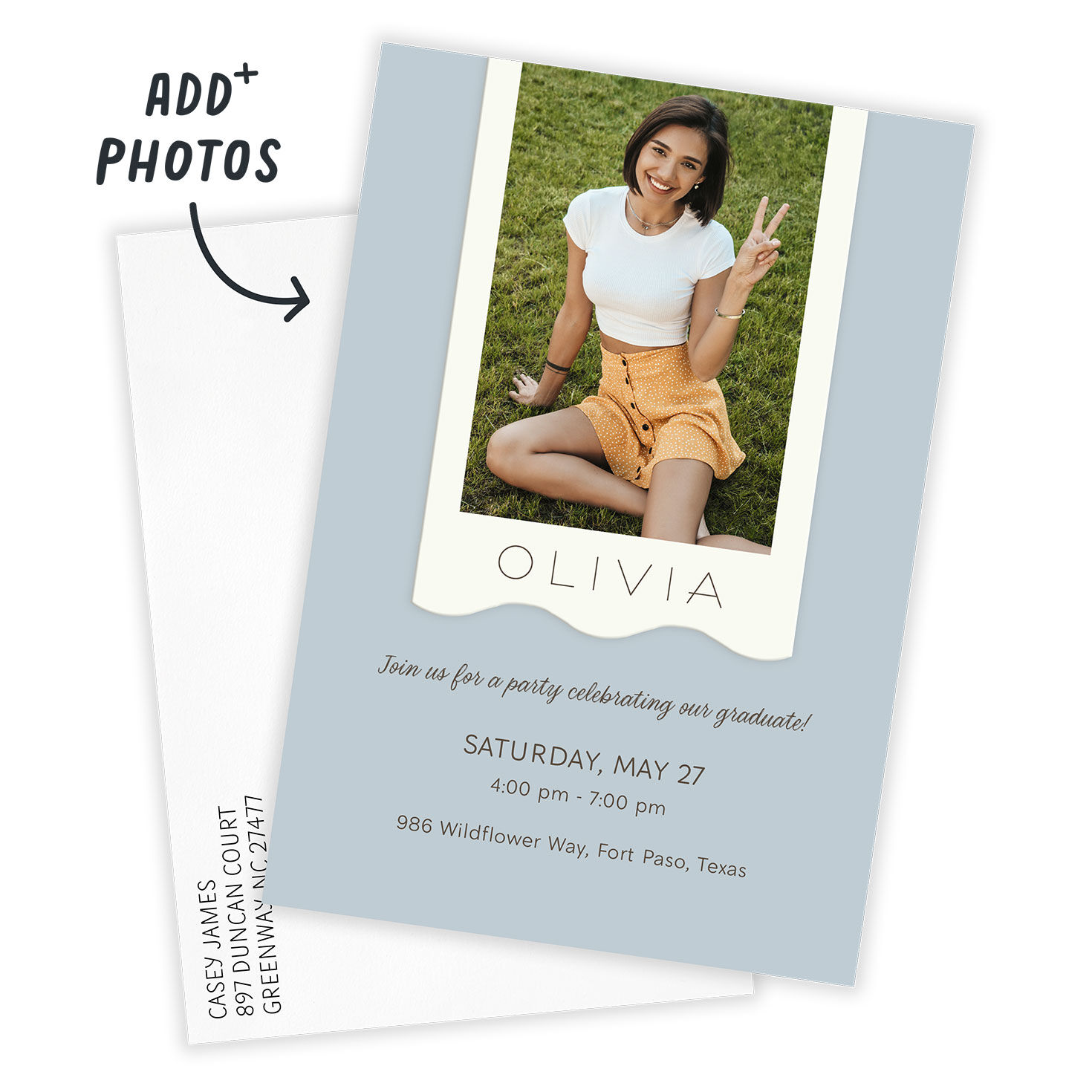 White Scalloped Edge on Blue Grad Party Invitation Card Front indicating personalization image number 2