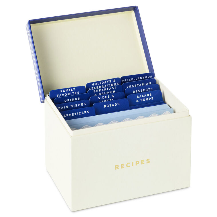 Blue and White Recipe Organizer Box With Recipe Cards - Recipe Organizers