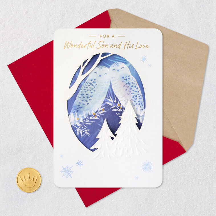 Snuggling Owls Christmas Card for Son and Partner Card Front with Envelope and Gold Seal image number 7