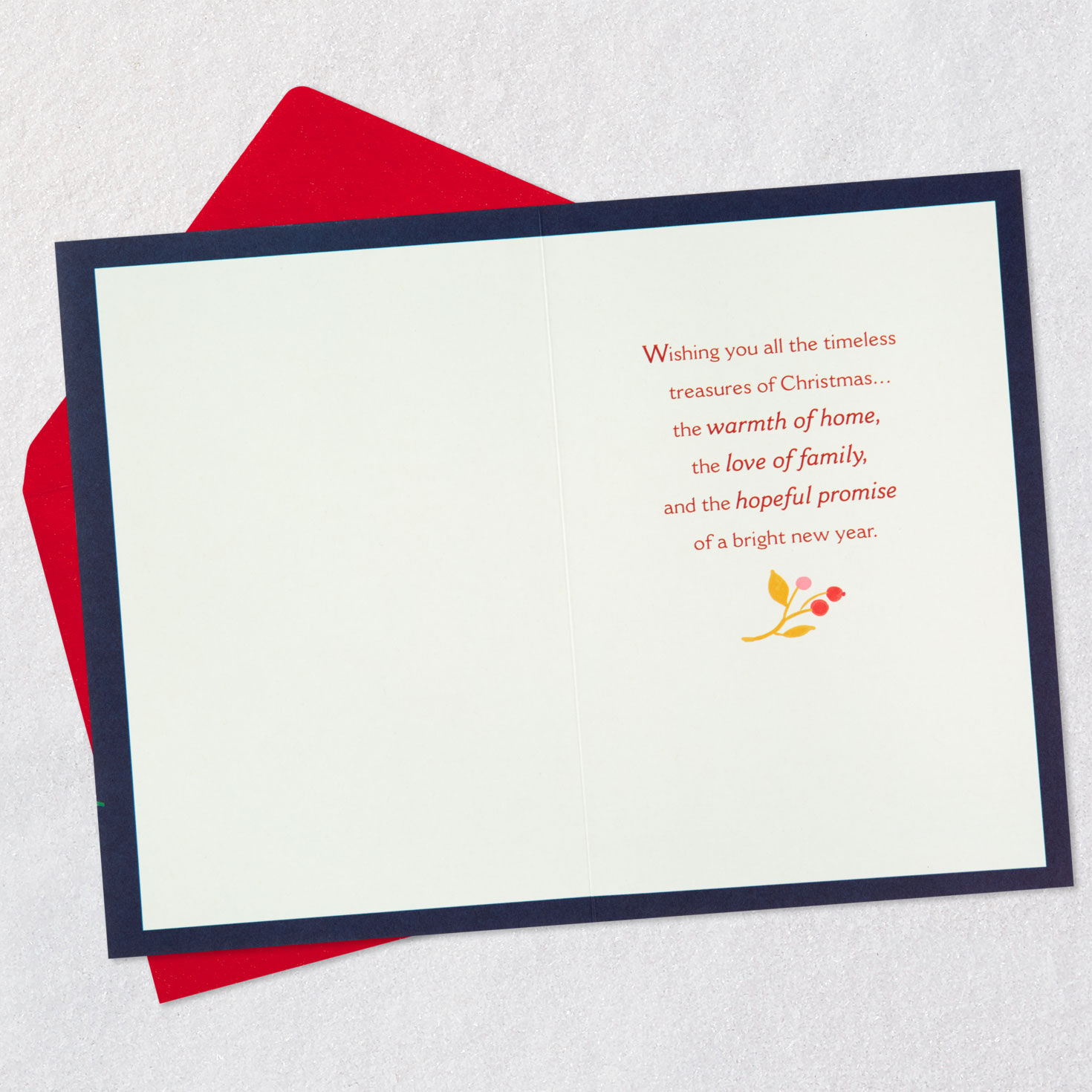 Evergreen and Berries on Blue Christmas Card Open card with envelope image number 3