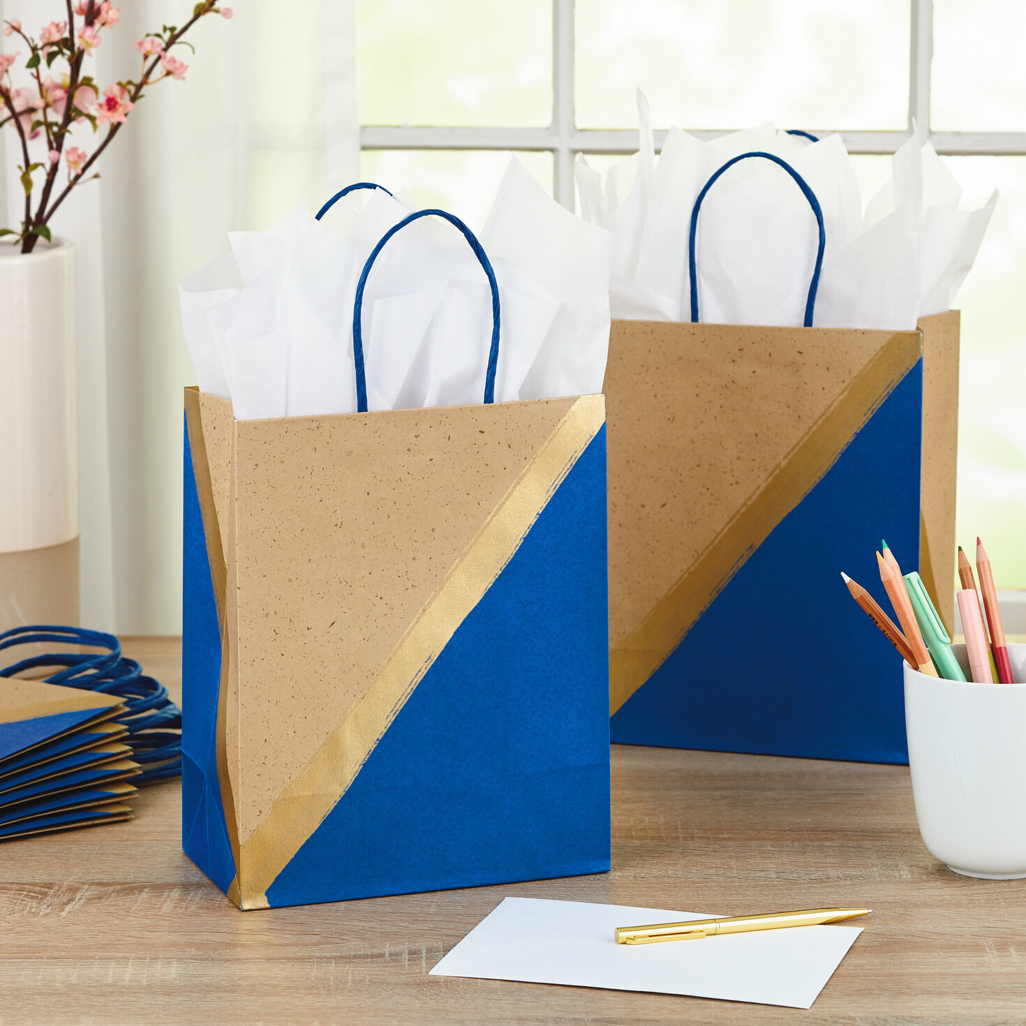 9.6" Blue and Kraft Paper 8-Pack Gift Bags, , large image number 2