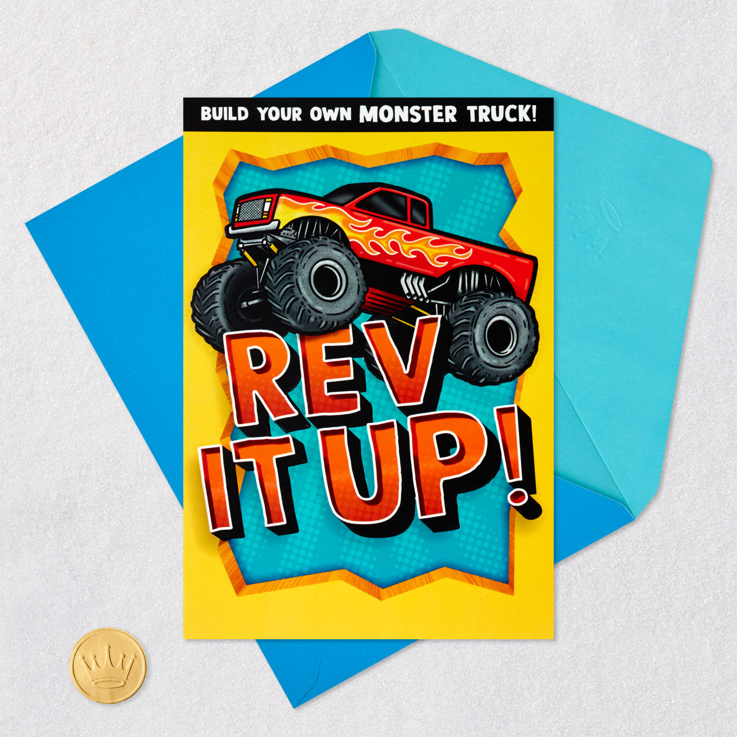 Monster Truck Kids Birthday Card With Papercraft Activity Card Front with Envelope and Gold Seal image number 8