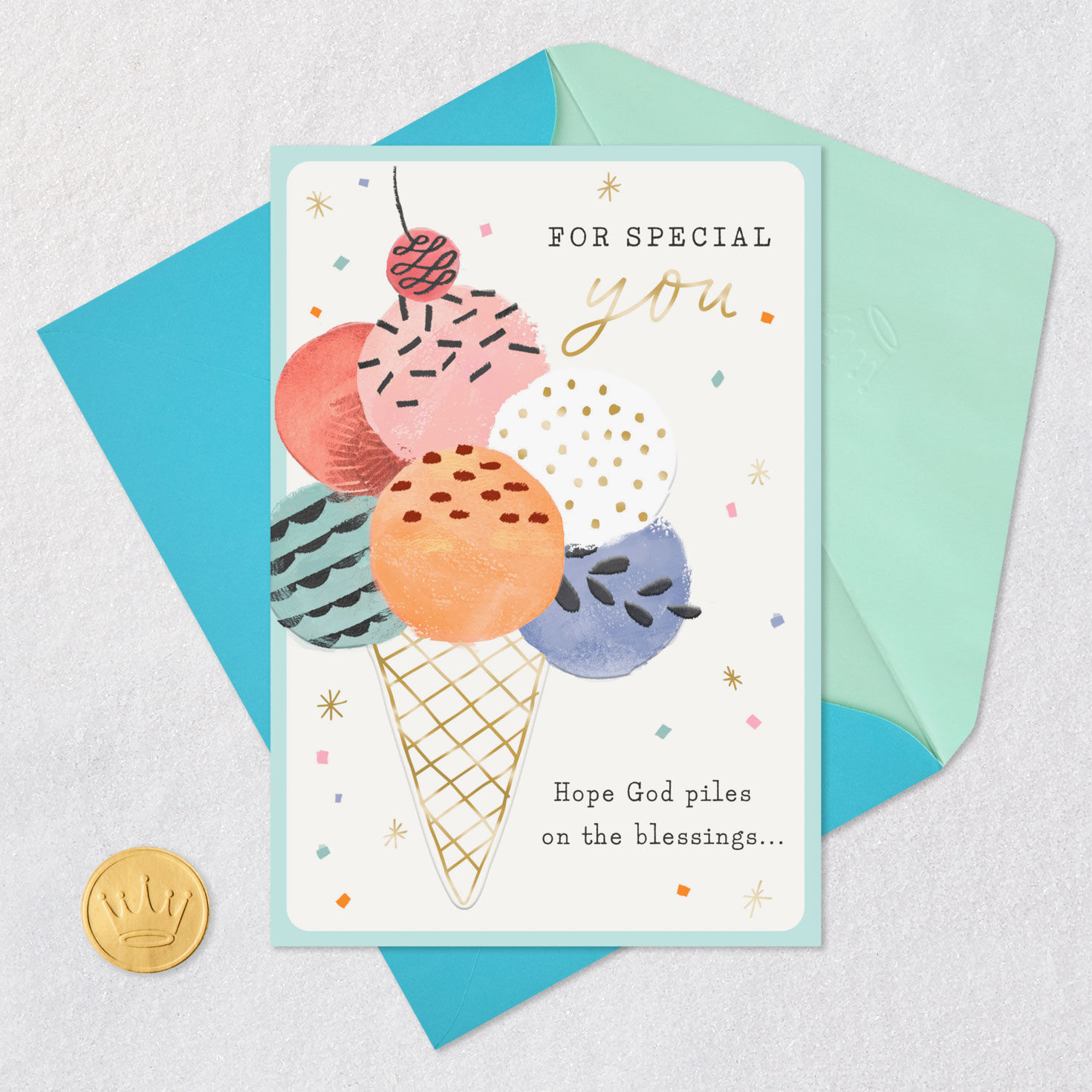 Ice Cream Cone Religious Birthday Card Card Front with Envelope and Gold Seal image number 6