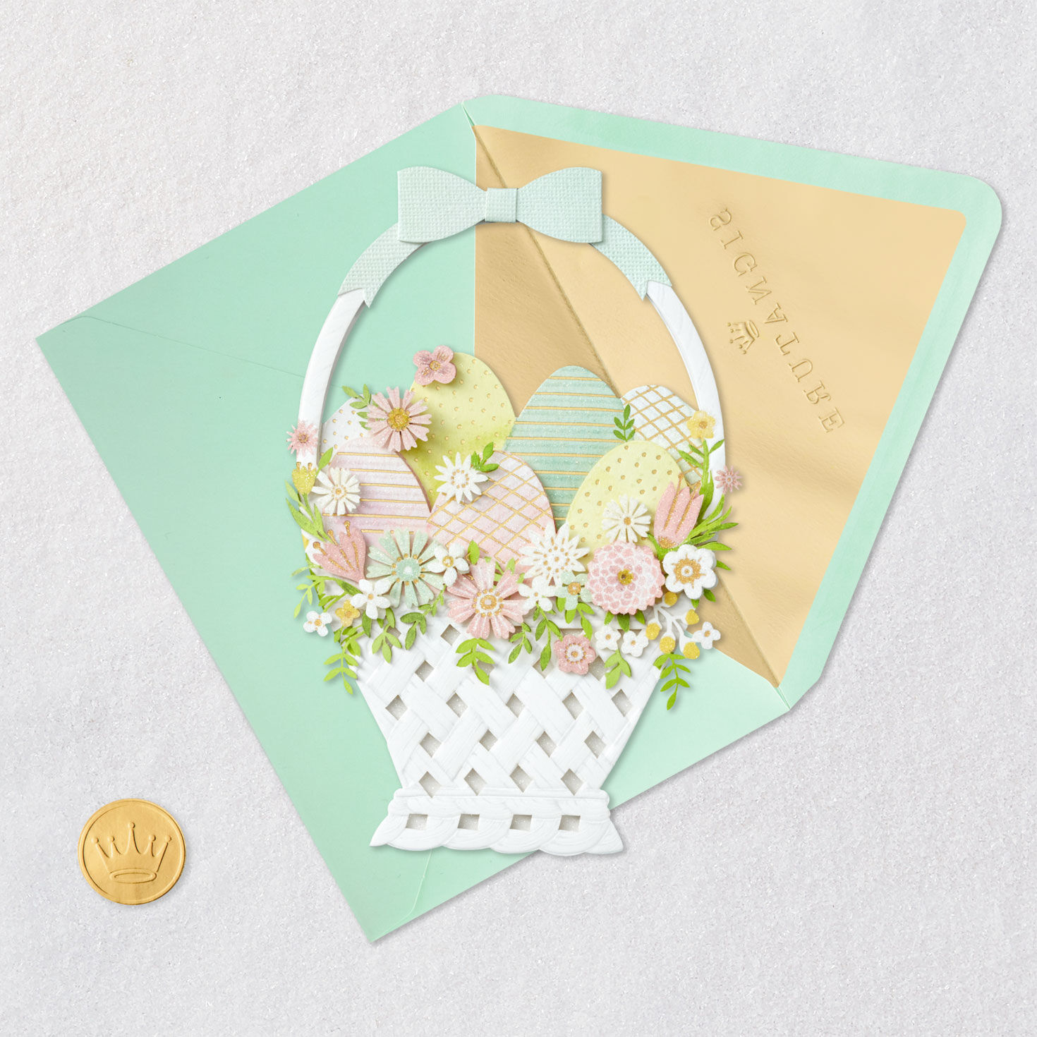 Gold and Pastel Eggs in Basket with Bow Easter Card Card Front with Envelope and Gold Seal image number 5
