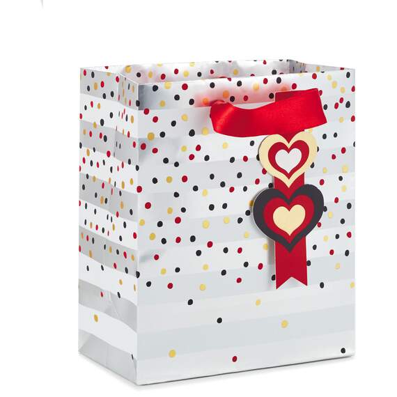 Dots and Hearts on Stripes Small Gift Bag, 6.5", , large image number 1
