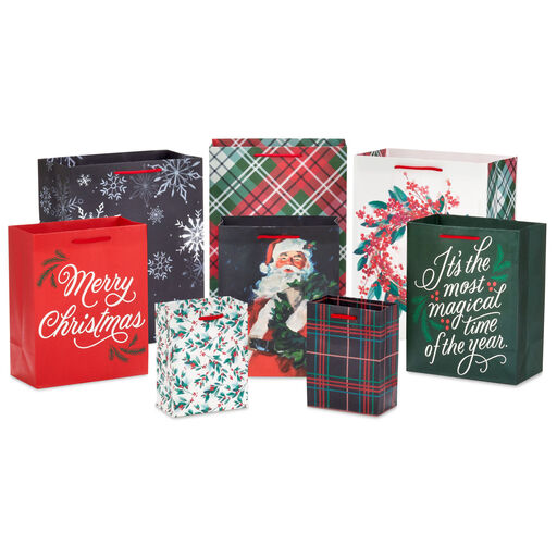 Merry and Bright 8-Pack Christmas Gift Bags, Assorted Sizes and Designs, 