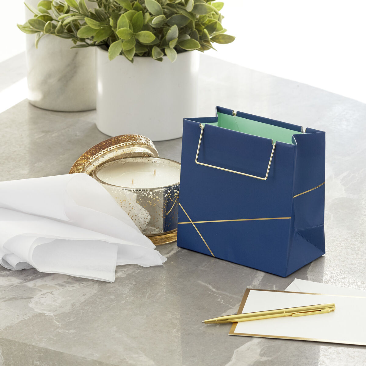 Navy With Gold Small Square Gift Bag, 5.5" Gift Bags Hallmark