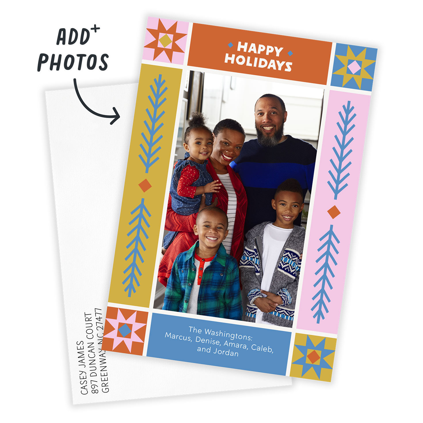 Nordic Patterns Personalized Holiday Photo Card Card Front indicating personalization image number 2