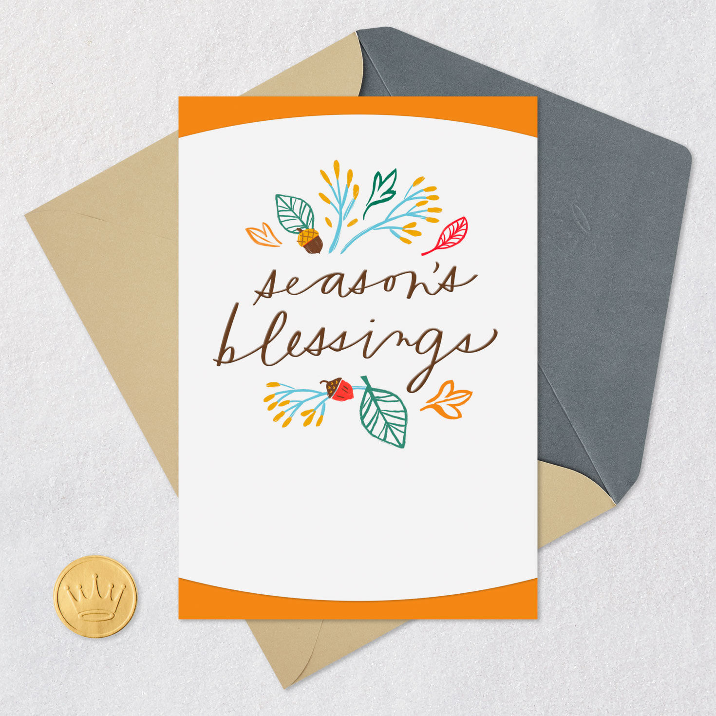 Acorns and Fall Leaves Thanksgiving Card Card Front with Envelope and Gold Seal image number 5