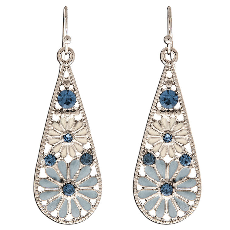 Rain Jewelry Blue and Ivory Flowers Silver Drop Earrings