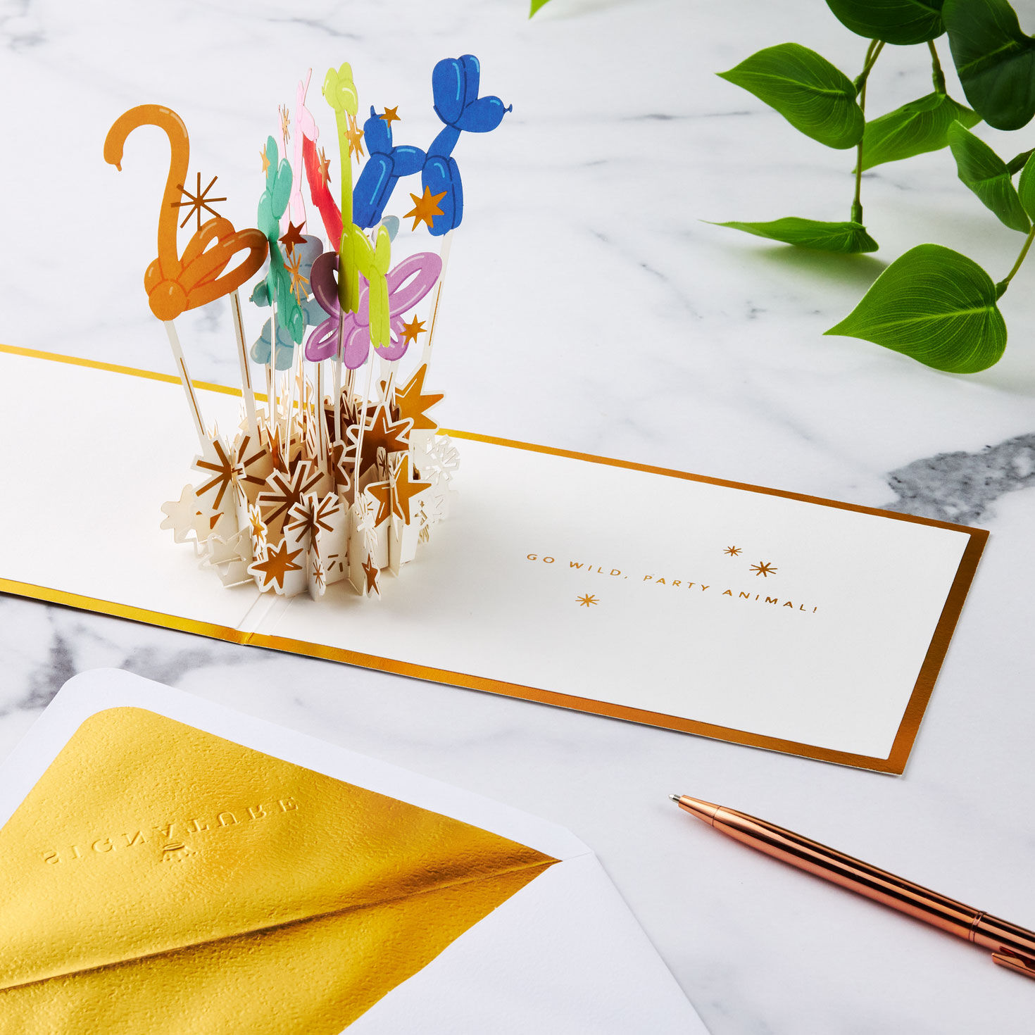Balloon Animals Pop-Up Birthday Card Open card with Envelope and Gold Pen image number 8