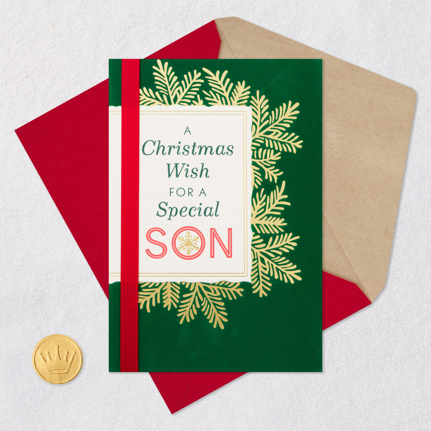 Gold Pine on Green Son Religious Christmas Card Card Front with Envelope and Gold Seal image number 6