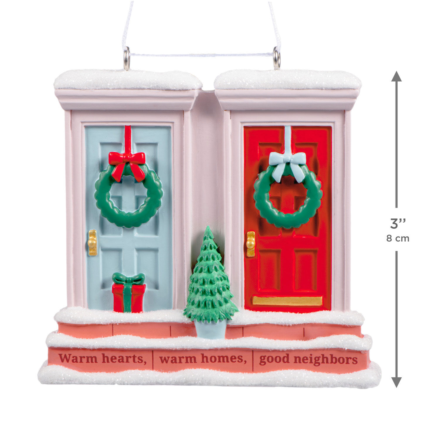 Green Red Neighbor Doors Christmas Ornament measurement image number 3
