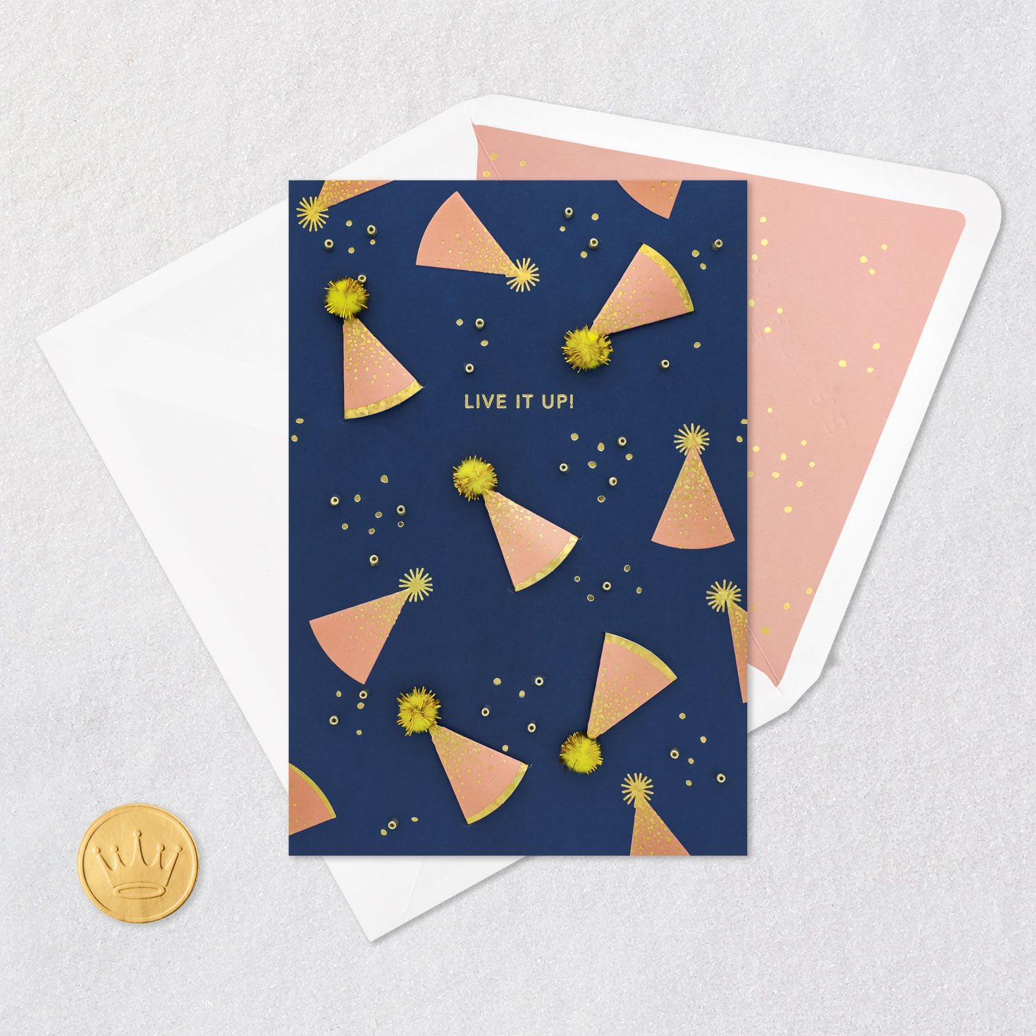 Pink and Gold Party Hats on Blue Birthday Card Card Front Detail image number 5
