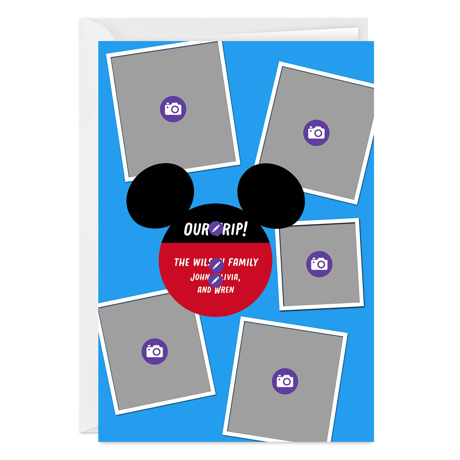 Blue With Mickey Ears Personalized Photo Card Card Front indicating personalization image number 3