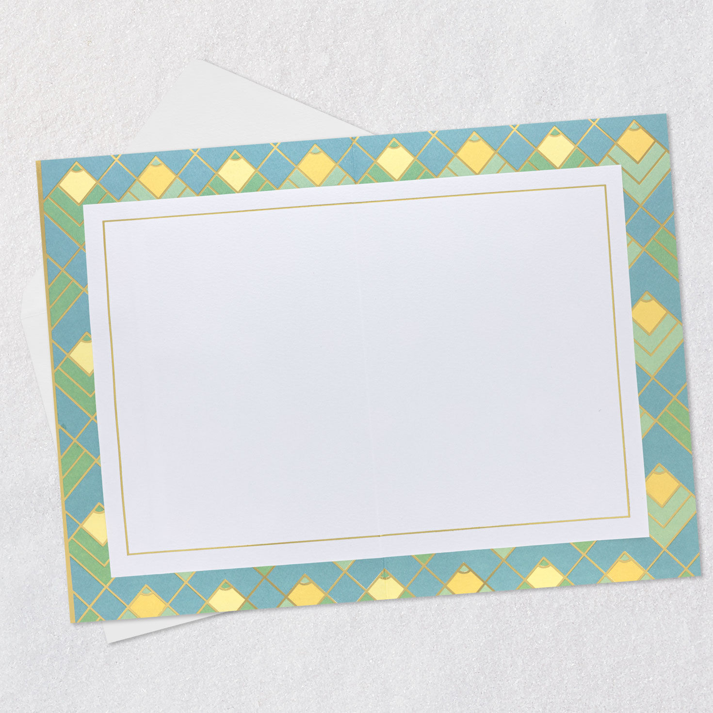 Art Deco Gold, Green and Blue Blank Thinking of You Card Open card with envelope image number 2
