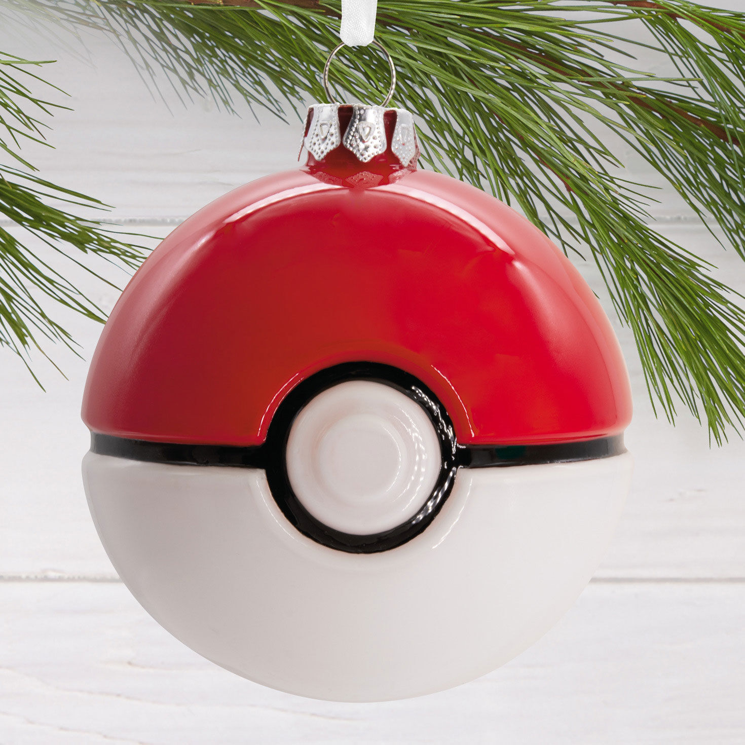 Glass Pok&eacute;mon Pok&eacute; Ball Christmas Ornament hanging on tree image number 2
