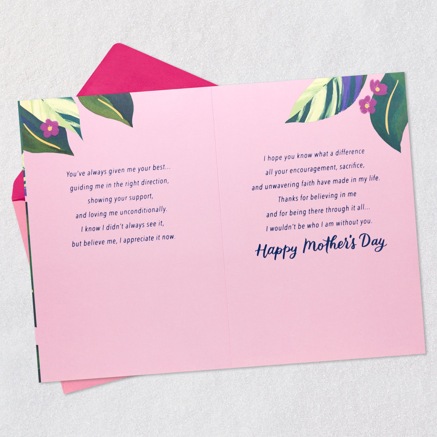 Tropical Leaves on Pink Mom Mother's Day Card Open card with envelope image number 4