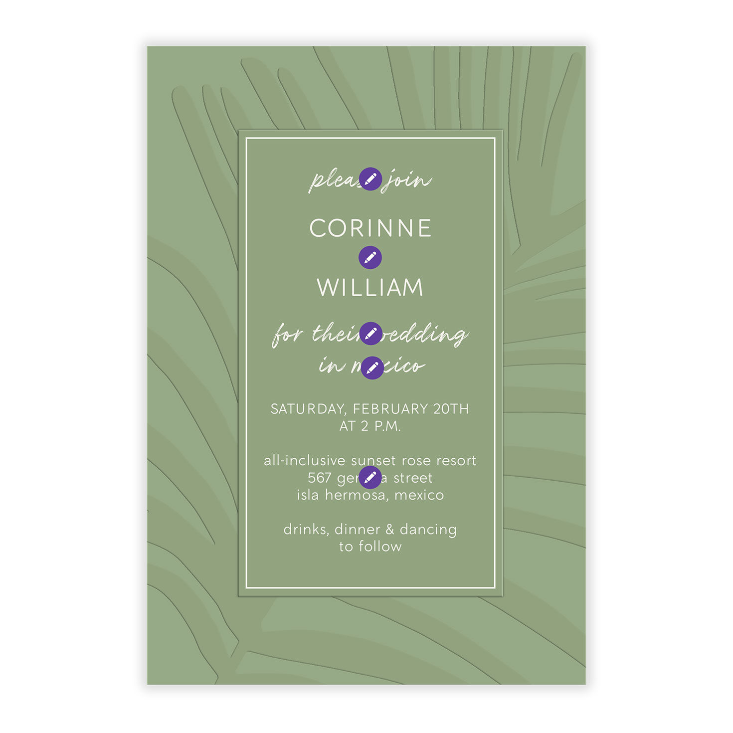 Green on Green Fern Personalized Wedding Invitation Card Front indicating personalization image number 5