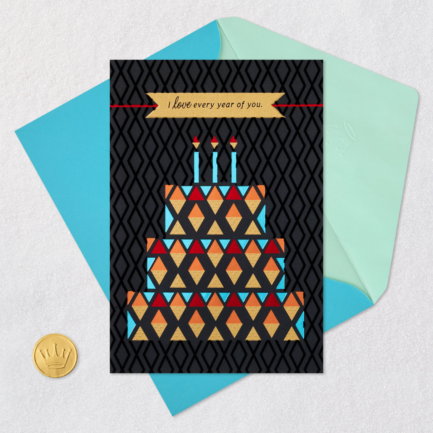Blue and Red Geometric Cake on Black Birthday Card Card Front with Envelope and Gold Seal image number 5