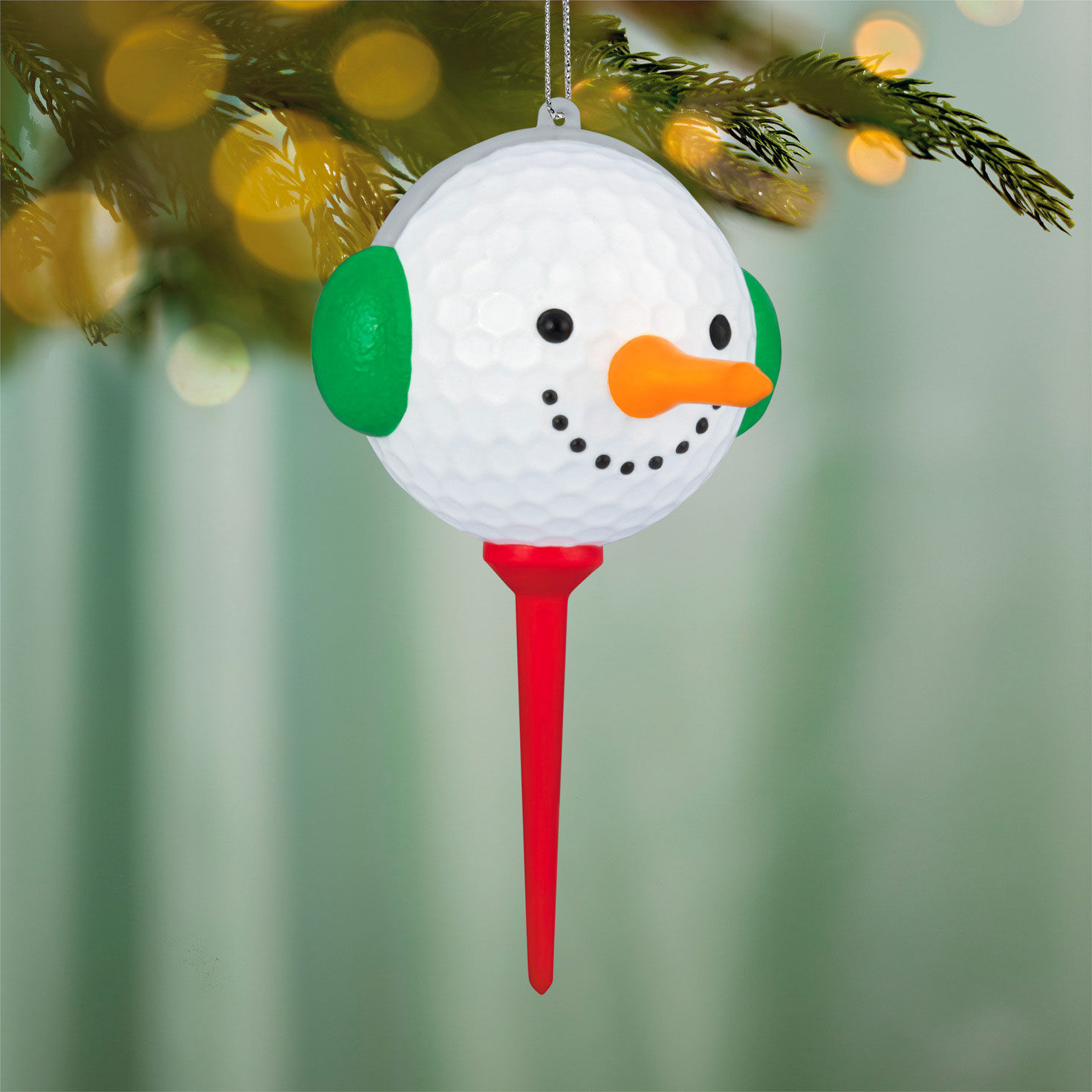 Snowman Golf Ball on Red Tee Keepsake Ornament hanging on tree image number 2