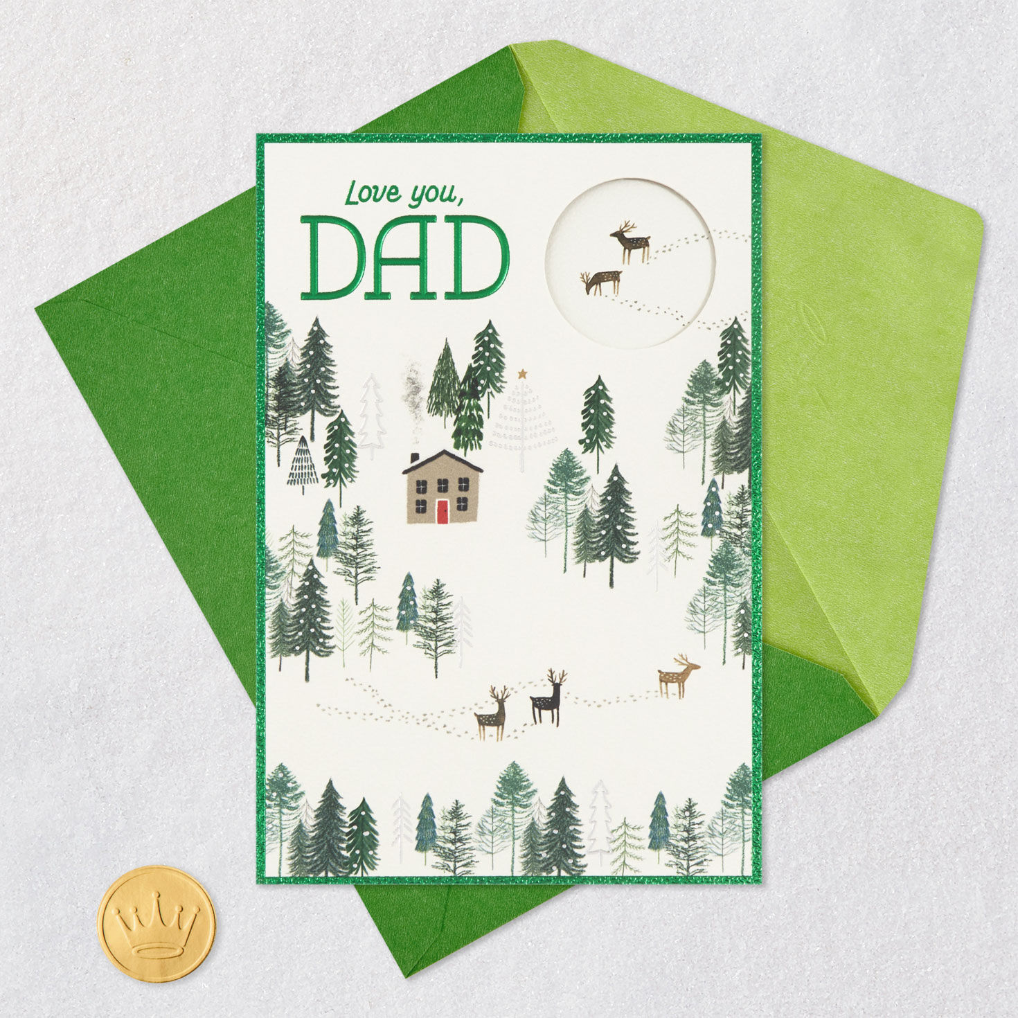 Cabin and Deer in Woods Dad Holiday Card Card Front with Envelope and Gold Seal image number 5