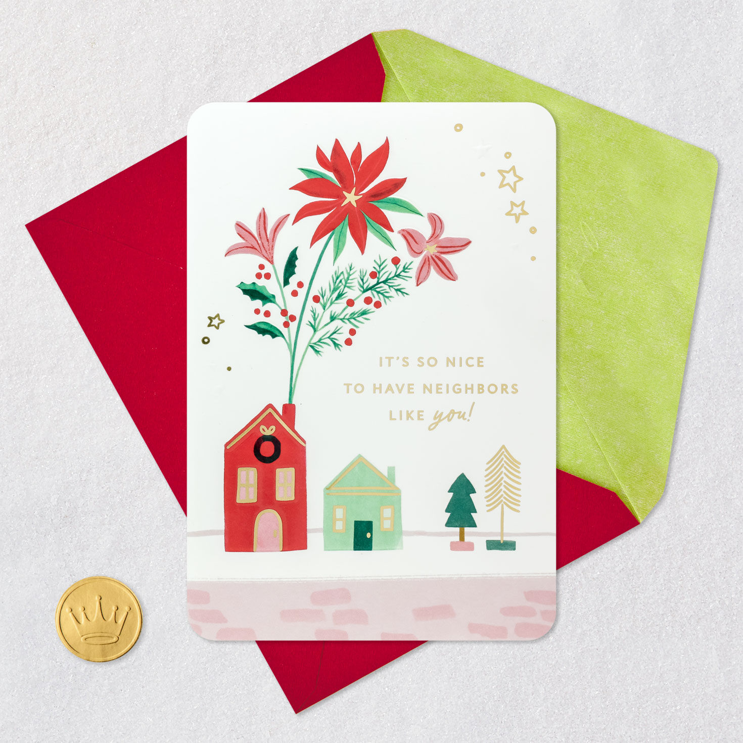 Red and Pink Flowers in House Vase Christmas Card Card Front with Envelope and Gold Seal image number 5